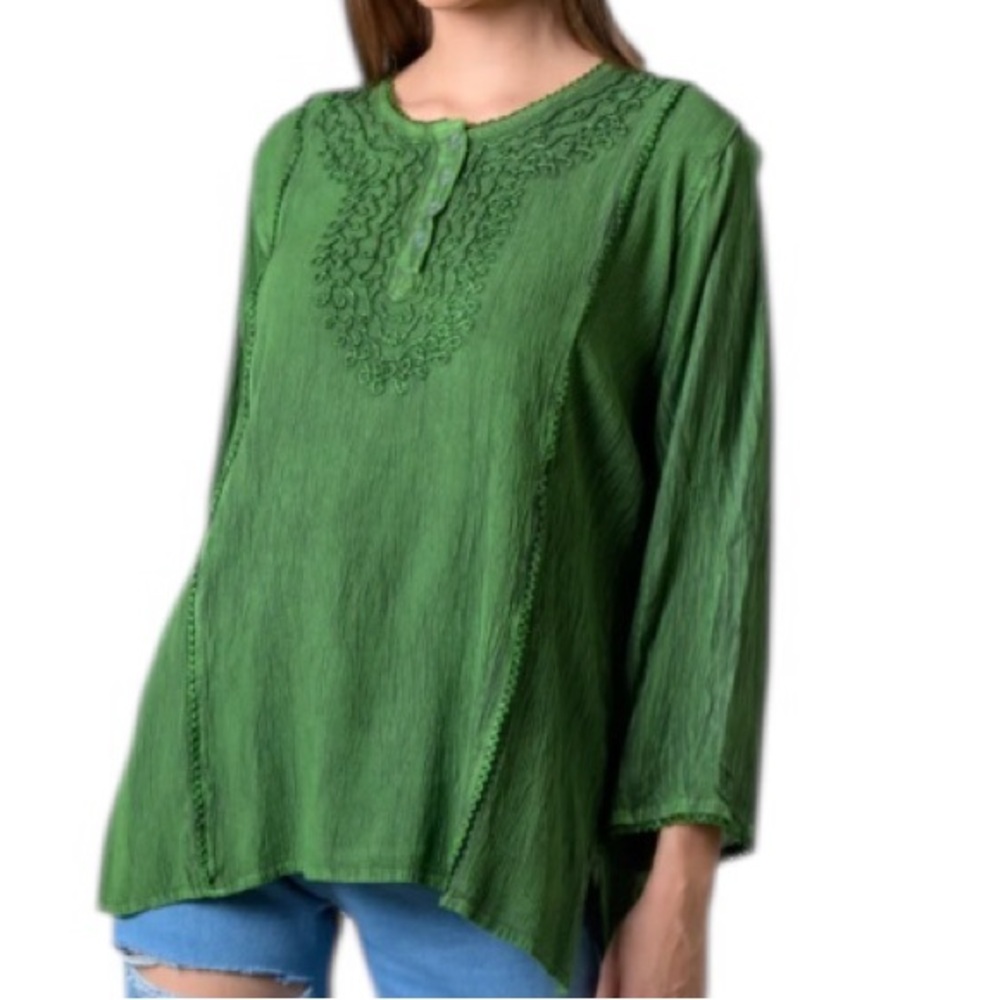 New Women's Green Embroidered Boho Tunic Top - One Size